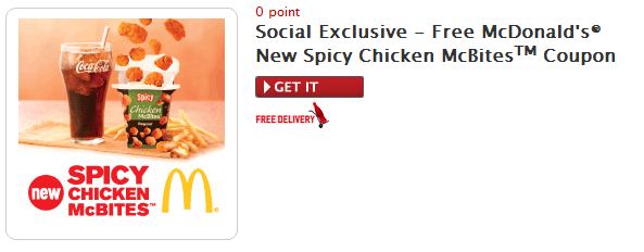 MY COKE REWARDS : GET #FREE MCDONALDS SPICY CHICKEN MCBITES COUPON FOR 0 POINTS